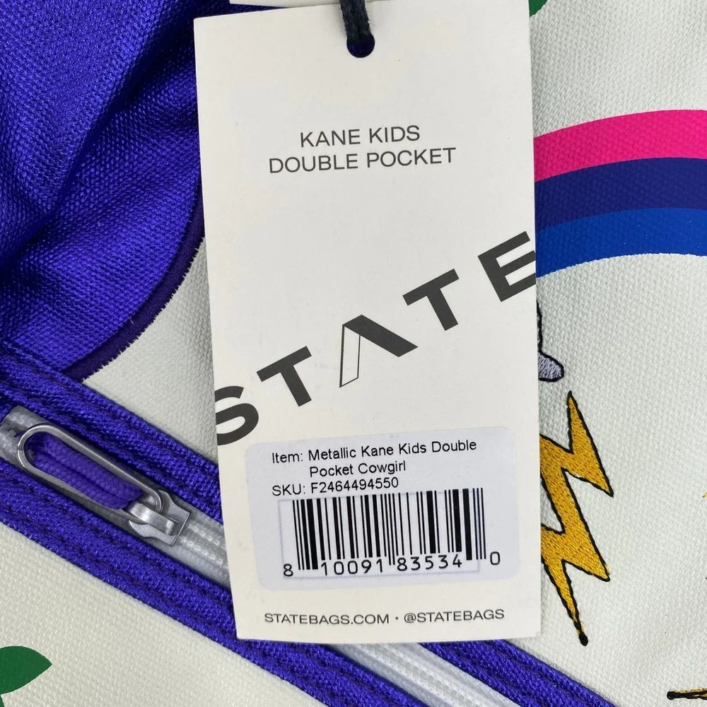 STATE Kane Kids Double Pocket Backpack Purple Metallic Cowgirl Rainbow Whimsical